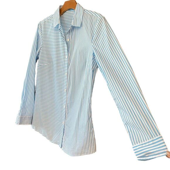 J. McLaughlin NWT Sz XS Light Blue White Stripes Classic Collar Button Shirt - Picture 4 of 7